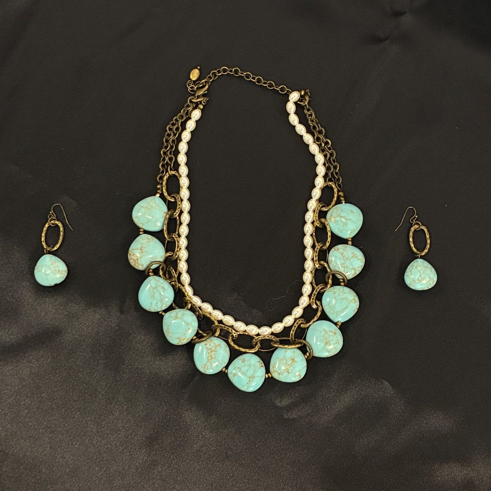 Premier Designs Necklace Earrings Set Blue Turquoise Pearl Bronze Boho‎